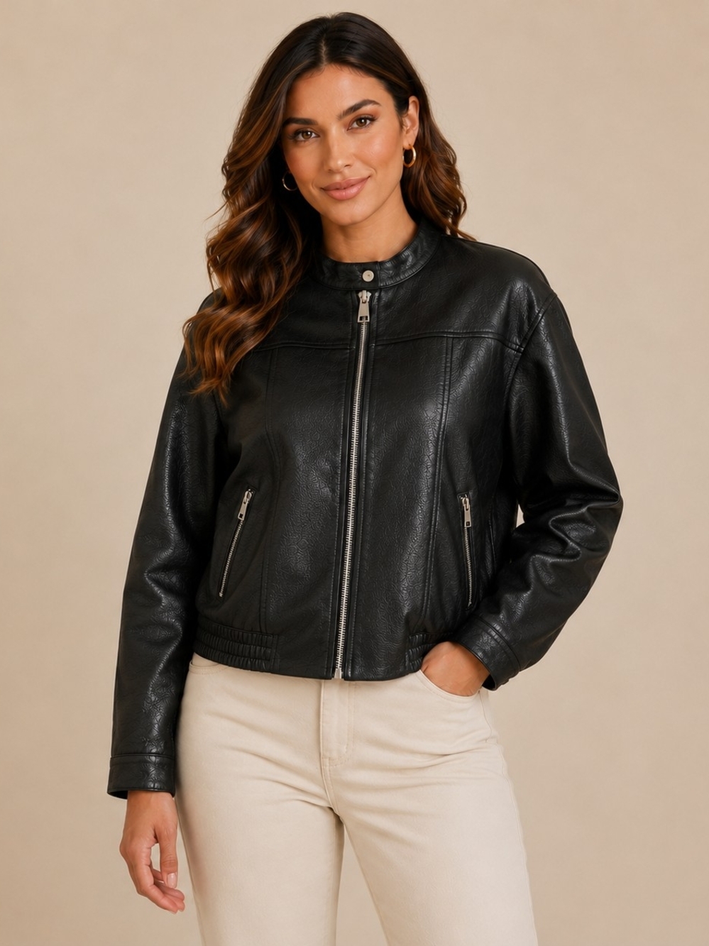Guess Black Faux Leather Zip-Front Bomber Jacket